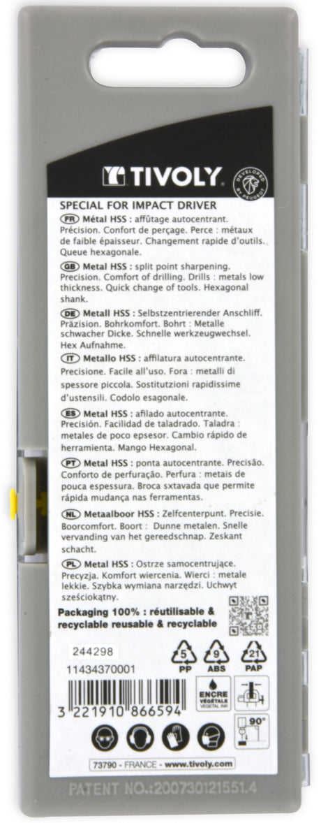 Tivoly   5 forets métaux HSS rectifiés queue hexagonale 6,35mm Ø 2 à 6mm