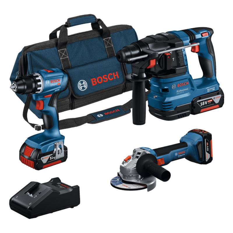 Pack 3 outils BOSCH 18V : Perceuse-Visseuse GSR + Meuleuse angulaire GWS + Perforateur SDS Plus GBH + Batterie ProCORE18V 3x4,0Ah + Chargeur GAL 1880 SAC (C)