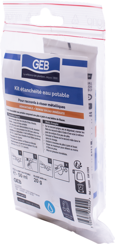 Kit étanchéité complet GEB pour raccords à visser métalliques 50ml + filasse 20g
