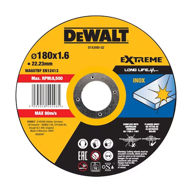 Disque à tronçonner l’inox Ø180x22,2mm DEWALT épaisseur 1.6 mm, moyeu plat