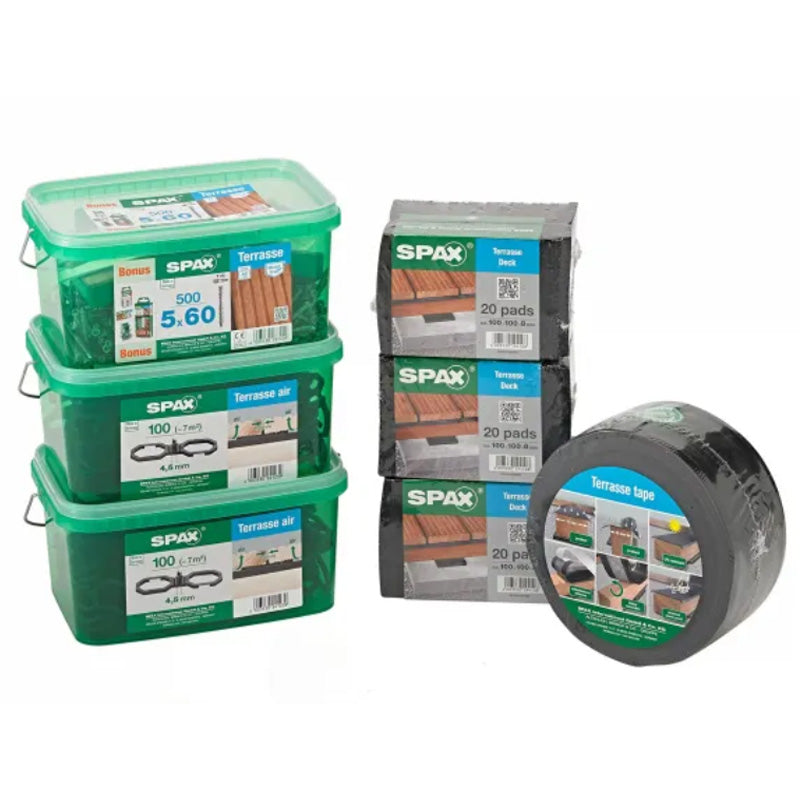 Kit pour Terrasse SPAX vis en acier inoxydable, entretoise, embout, tampon et mètre ruban