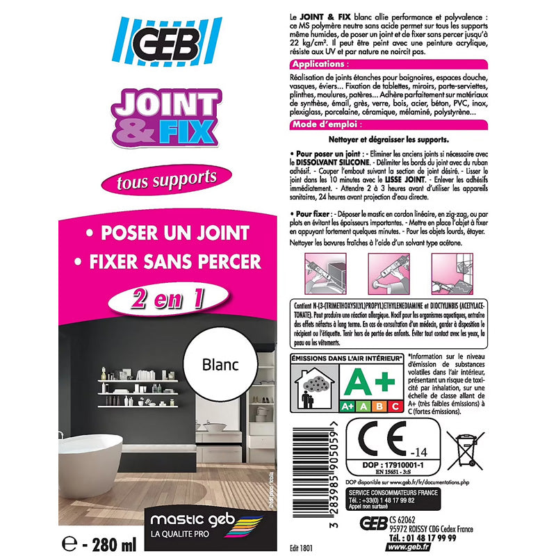 Mastic JOINT & FIX blanc GEB pour réaliser des joints étanches 280ml
