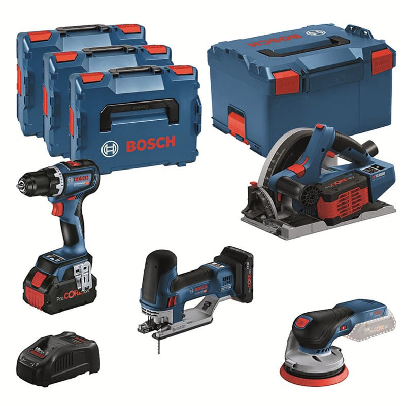 Pack 4 outils 18V BOSCH : GSR 18V-90C + GKT 18V-52GC + GST 18V-155 SC+ GEX 18V-125 + 1 batterie 4,0 Ah (ProCORE) + 2 batteries 5,5 Ah (ProCORE) + GAL 1880CV (L)