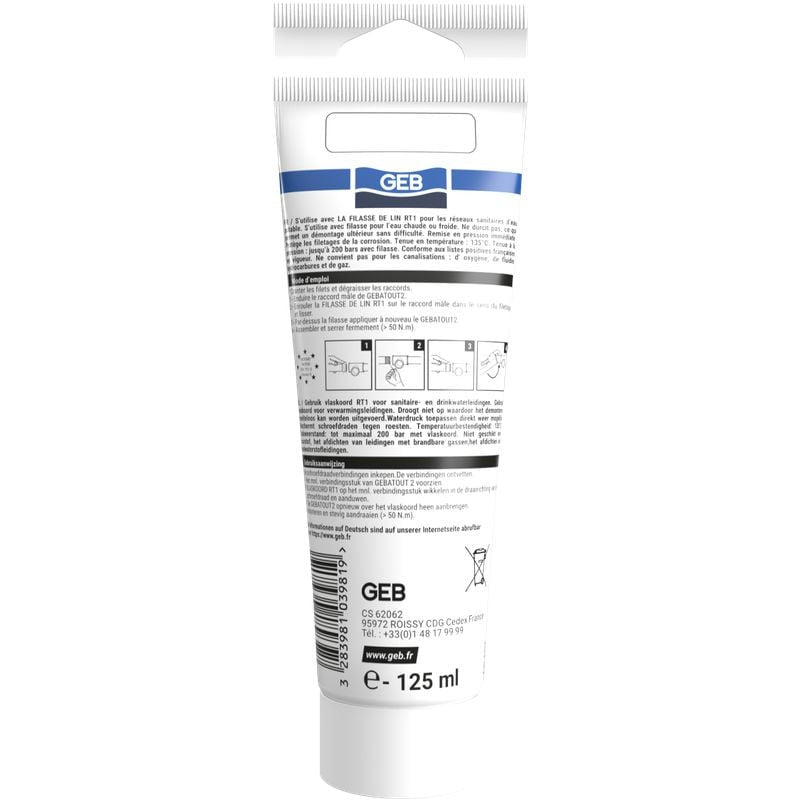 Pâte à joint non durcissante GEB Gebatout 2 pour raccords filetés métalliques 125ml - GEB - 103981