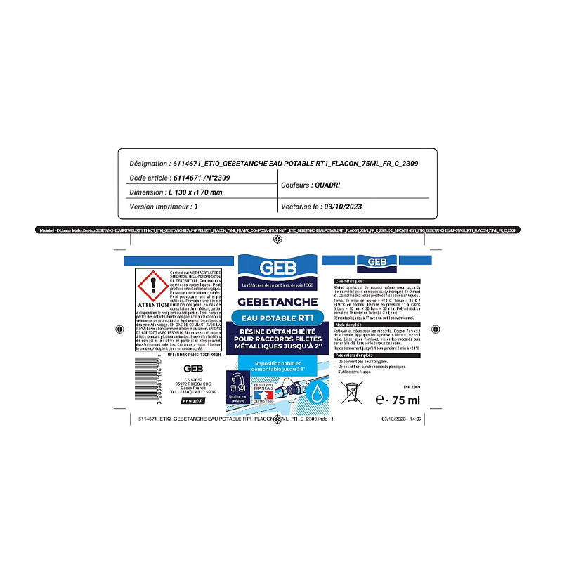 Résine d'étanchéitée RT1 GEB pour raccords filetés métalliques coniques 75ml