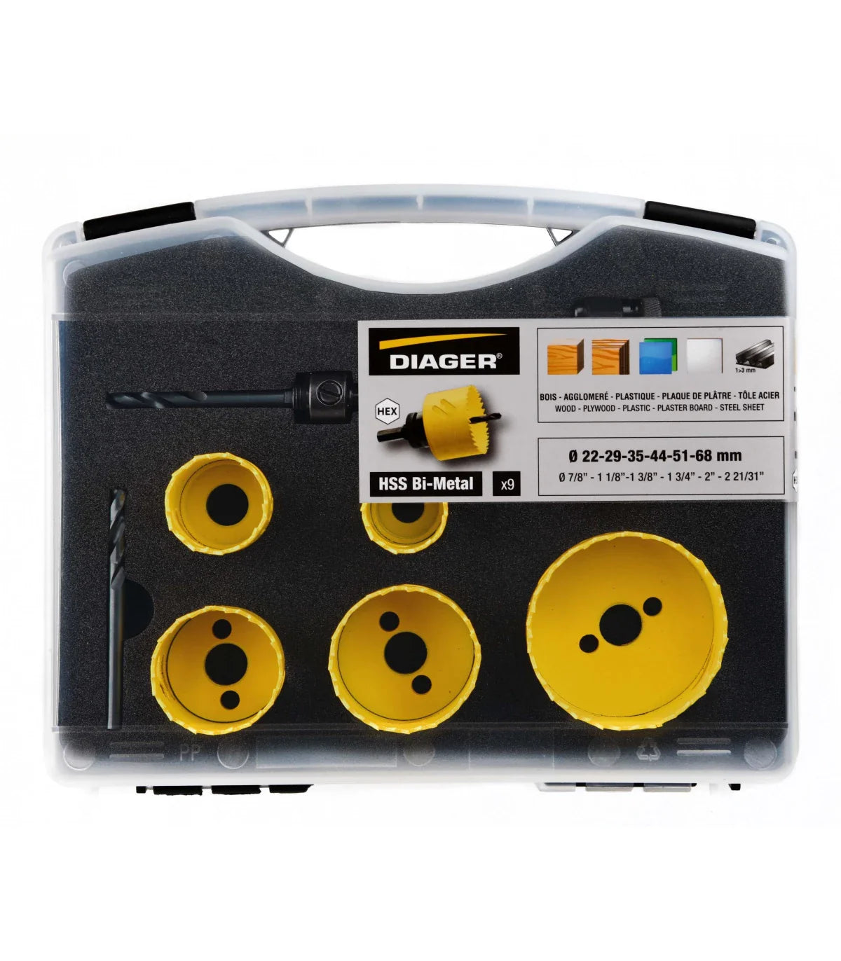 Mallette scie cloche - DIAGER - jaune 9pc bimétal 22-29-35-44-51-68 mm + 2 pilotes hex + foret centreur