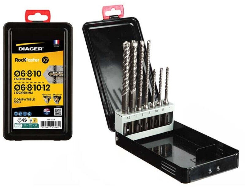 Coffret 7 forets béton - DIAGER - RocKFaster compatible SDS+ L110 Diam.5-6-8 L160 Diam.6-8-10-12 mm