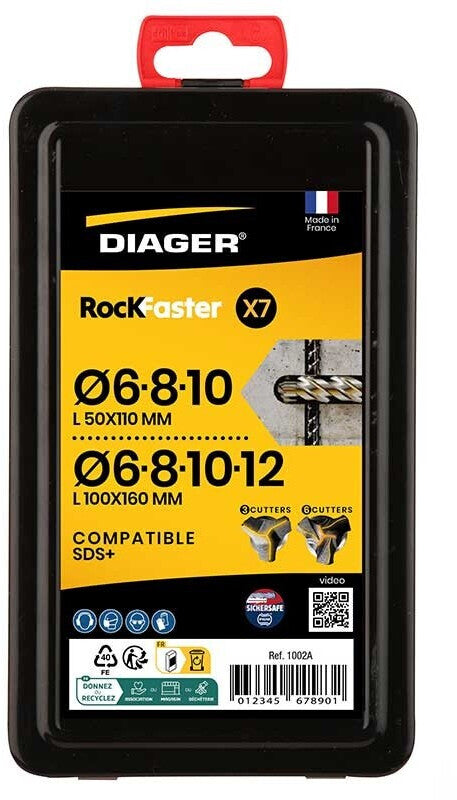 Coffret 7 forets béton - DIAGER - RocKFaster compatible SDS+ L110 Diam.5-6-8 L160 Diam.6-8-10-12 mm