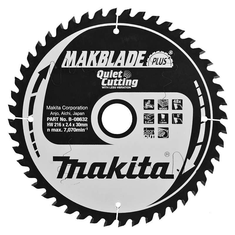 Lames Carbure Ø 216 mm MAKITA B-08632 Makblade Plus Bois 48 dents pour scies radiales et à onglets