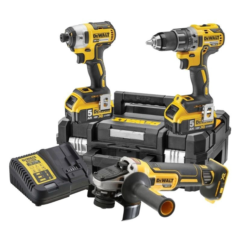 Pack 3 outils 18V DEWALT DCK384P2T-QW : perceuse-visseuse à percussion DCD796, meuleuse Ø125mm DCG405 et visseuse à choc DCF887 avec 2 coffrets et 2 batteries
