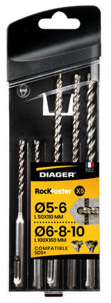 Coffret 5 forets béton - DIAGER  - RocKFaster compatible SDS+ L110 Diam.5-6 L160 Diam.6-8-10 mm