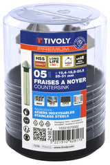 Tivoly   Coffret 5 fraises à noyer HSSE5% cobalt DIN335C à 90° Ø 10,4 à 31 mm PREMIUM