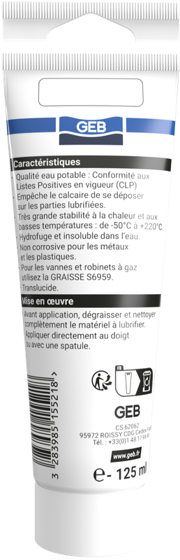 Graisse Silicone GEB lubrifiant pour robinetteries et sanitaires tube de 125ml Blanc
