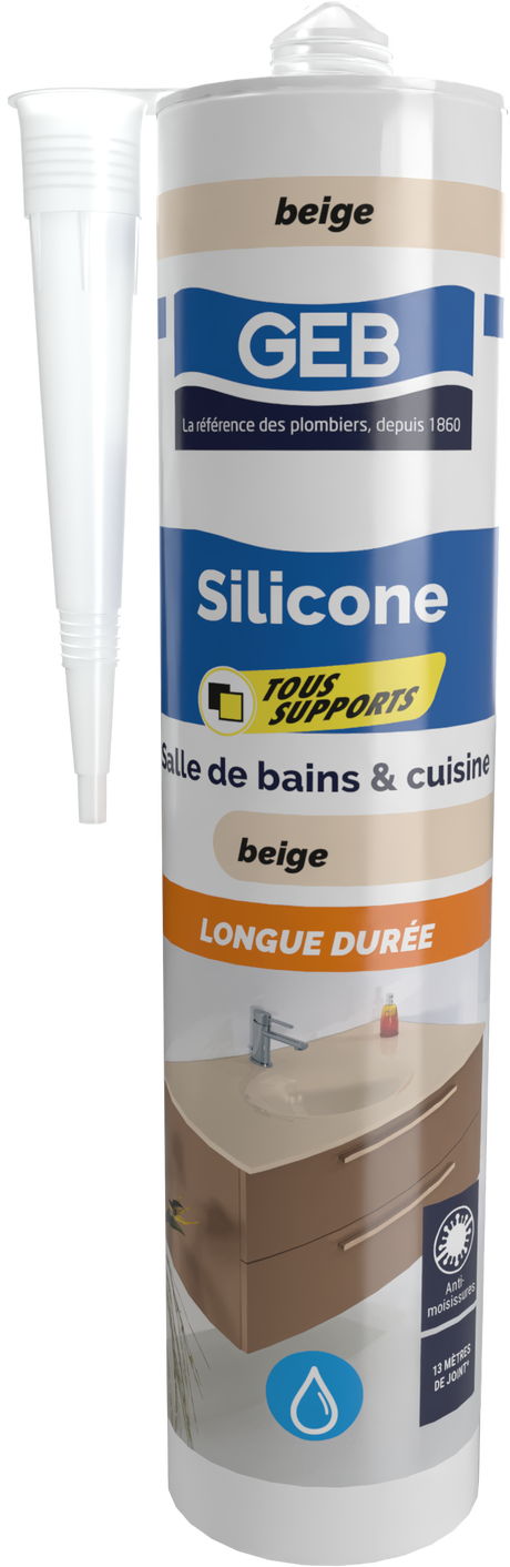 Mastic silicone tous supports GEB couleur beige pour l'étanchéité sanitaire 280 ml