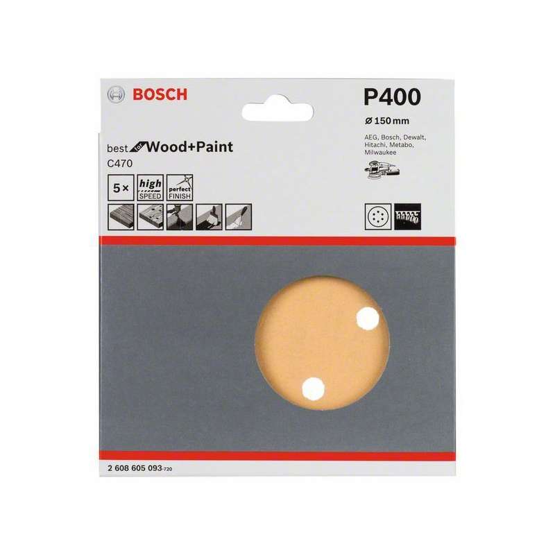 5 feuilles abrasives BOSCH Professional C470 Best for Wood and Paint pour ponceuses excentriques Ø 150mm - 6 trous