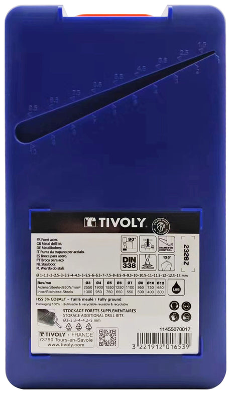 Tivoly   25 forets métaux HSS-E5 (Cobalt 5%) pointe en croix Ø 1 à 13mm par 1/2