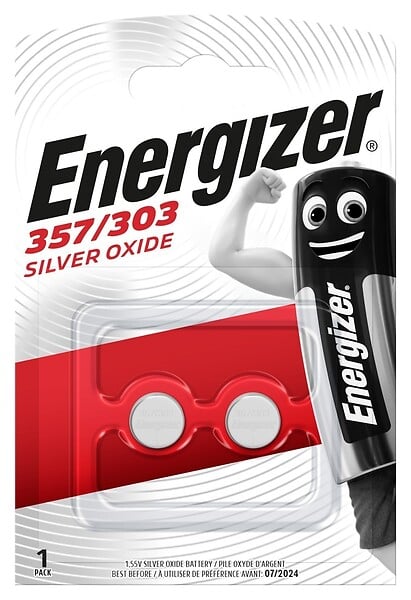 Pile bouton à l'oxyde d'argent Energizer 357-303, pack de 2