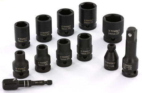 Tivoly   12 pièces- 9 Douilles à choc Ø 8 à 24mm + 2 adaptateurs + 1 rallonge -IMPACT