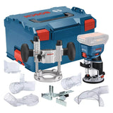 Affleureuse-defonceuse sans fil GKF 18V-8 solo + 1x base plongeante + 1x guide parallèle + 1x Pince de serrage 8mm + 1x Clé plate+ 3x adaptateurs poussière L (vendu sans batterie)
