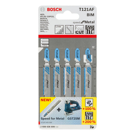 5 lames de scie-sauteuse BOSCH T 121 AF BIM Speed métal - 92 x 1.2 mm