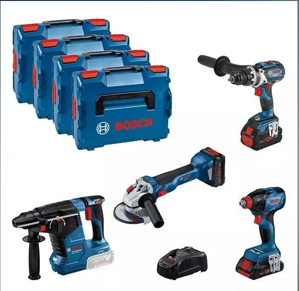 Pack 4 outils 18V BOSCH : GSR 18V-110C + GDX 18V-210C + GWS 18V-10 + GBH 18V-24C + 1 batterie 4,0 Ah (ProCORE) + 2 batteries 5,5 Ah (ProCORE) + GAL 1880CV (L)
