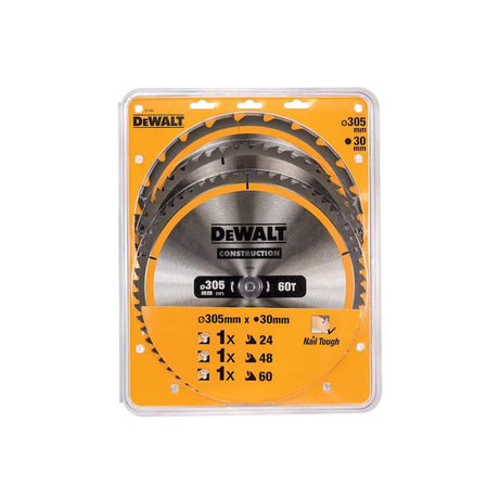 Coffret plastique de 3 lames pour scie circulaire et stationnaire Ø 305mm  DEWALT DT1964-QZ Carbure Construction : DT1958, DT1959, DT1960