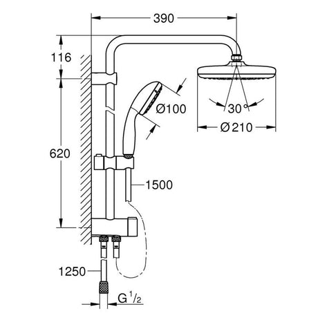 Colonne de douche inverseur manuel TEMPESTA SYSTEM 210 GROHE 26381001 - Ø21 cm + flexible 125cm + douchette 1 jet - chromé