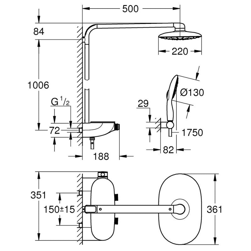 Colonne de douche thermostatique RAINSHOWER SYSTEM SMARTCONTROL 360 GROHE 26361LS0 - tête Ø 22 cm + douchette 4 jets