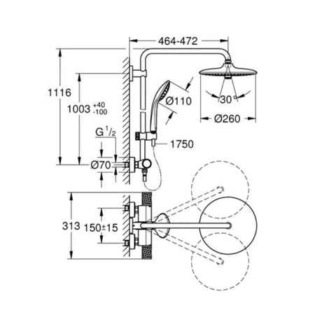 Colonne thermostatique 3 jet Ø 26 cm + douchette 3 jets - Cool Touch GROHE QuickFix VITALIO JOY 260