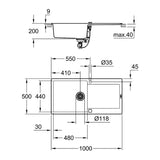 Évier K500 GROHE 31645AT0 1 bac + 1 égouttoir - gris granite