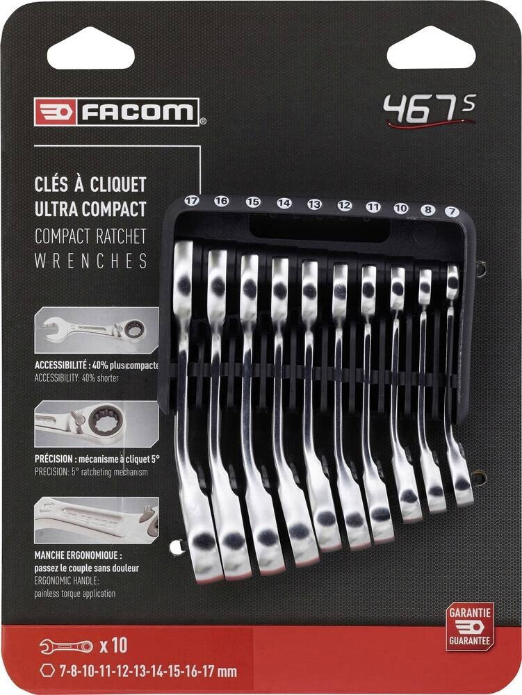 Jeu de 10 clés mixtes à cliquet courtes 8 à 14 mm FACOM 467BS.JP6PB