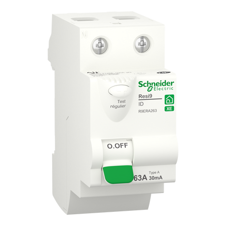 Interrupteur différentiel SCHNEIDER R9ERA263 63A type A 30mA 1P+N embrochable Resi9 XE