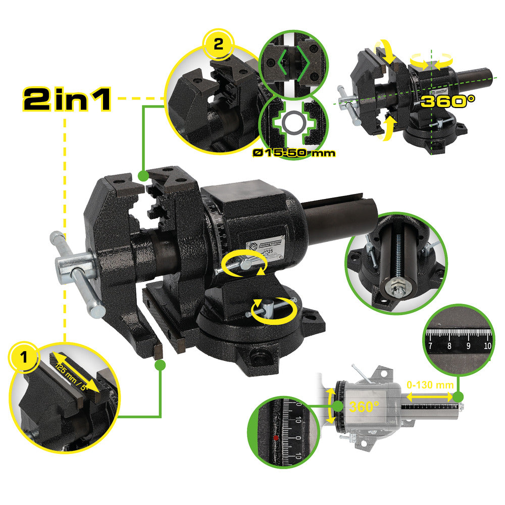 Étau multifonction COMPETITION 2-en-1, 5", pivotant sur 360° - KS Tools - 512.5060 COMPETITION