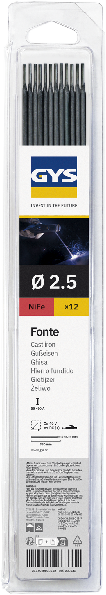 Lot de 12 éléctrodes en fonte GYS 083332 - Ø2,5mm - Blister