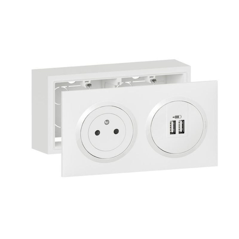 Kit prise + chargeur LEGRAND Surface Dooxie avec cadre saillie  2 USB type A  2,4A