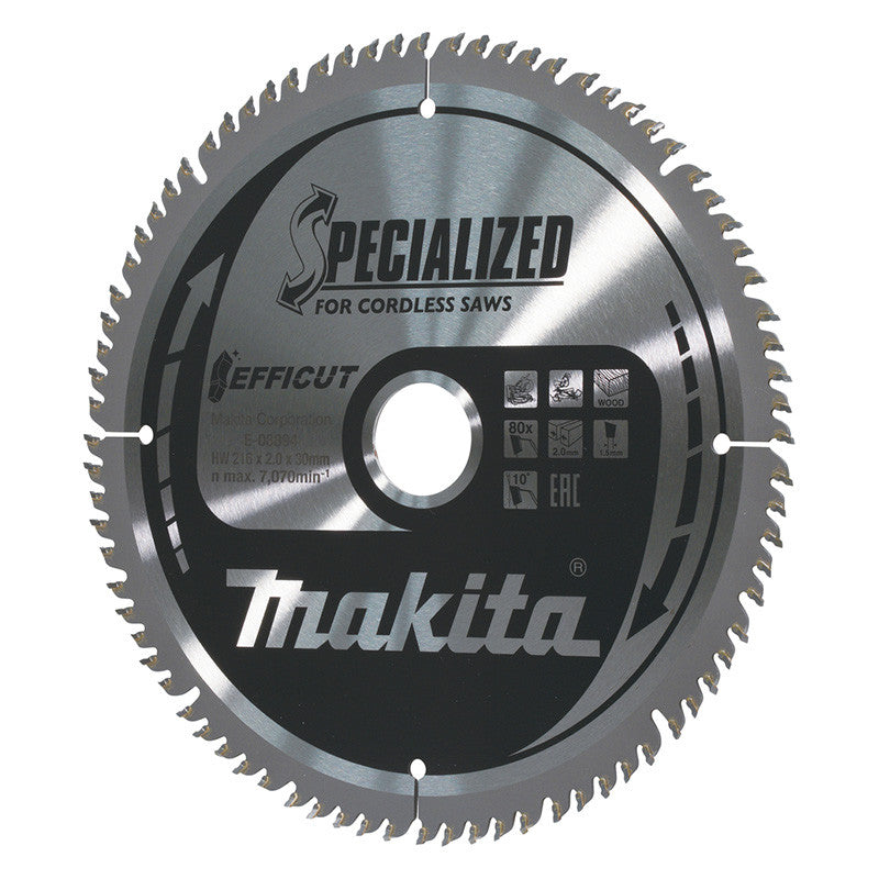 Lame carbure EFFICUT bois pour scies radiales à batterie MAKITA E-08894 216x30mm, 80 dents