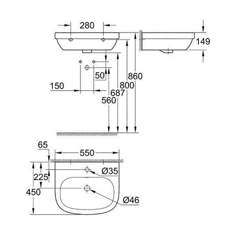 Lavabo suspendu EURO CERAMIC GROHE 3933600H avec pureguard - 55 cm
