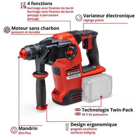 Marteau Perforateur sans fil SDS-plus  36V 3.2J EINHELL HEROCCO 36/28 Li-Solo Power X-Change - Machine nue