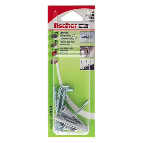 Blister de 4 chevilles multi-matériaux + vis + crochet droits UX 8x50mm FISCHER 40236