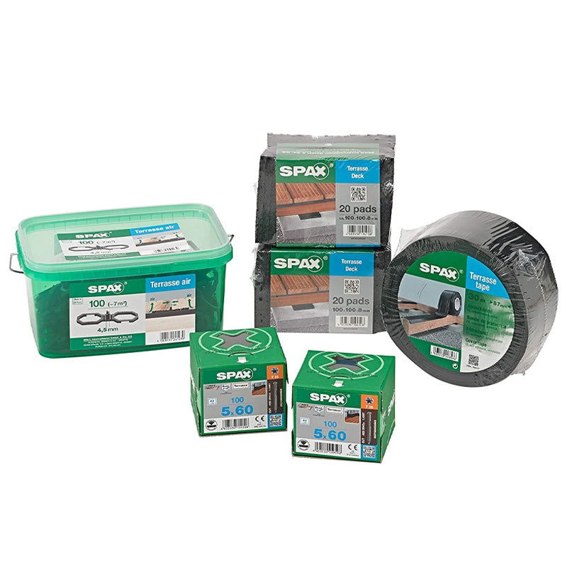 Kit pour Terrasse SPAX  vis en acier inoxydable, entretoise, embout, tampon et mètre ruban