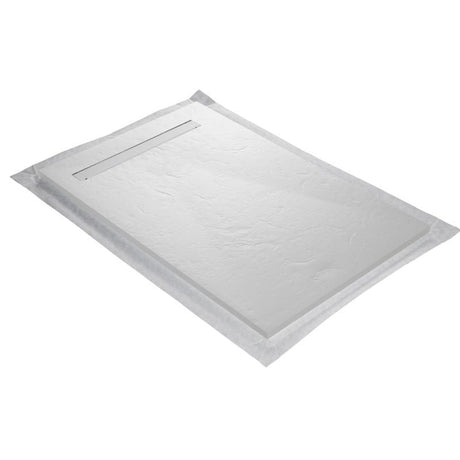 Receveur résine 120x90cm MARMOX RC12090SLATE-9010-LINE - Grille caniveau excentrée - Solid surface - Blanc imitation ardoise