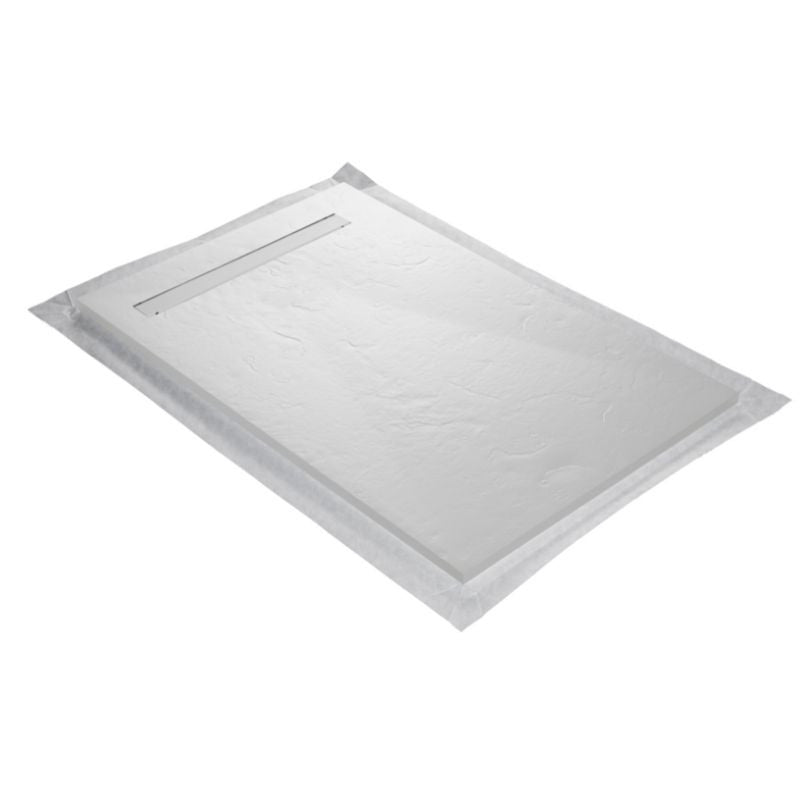 Receveur résine 140x90cm extra-plat MARMOX RC14090LITE-9010-LINE - Grille caniveau excentrée - Blanc imitation ardoise