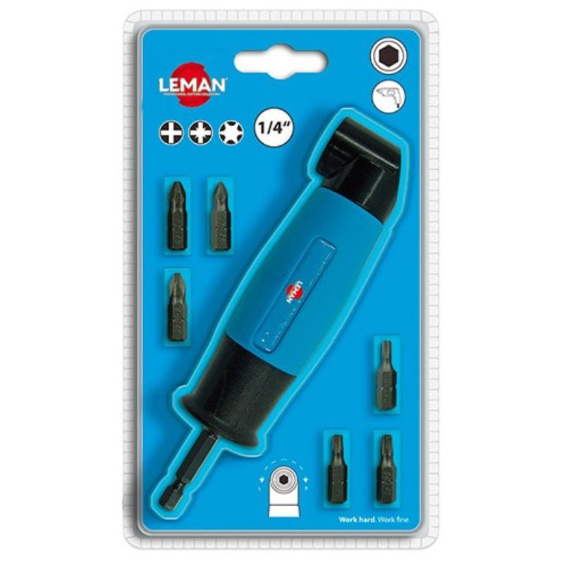 Renvoi d'angle  90°+ 6 embouts 25mm LEMAN 56007 - PH2, PZ1, PZ2, T15, T20, T25