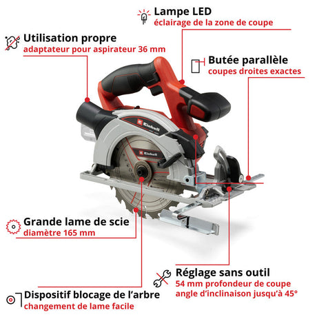 Scie circulaire 18V Ø165mm sans fil EINHELL TE-CS 18/165-1 Li Solo Power X-Change - Machine nue