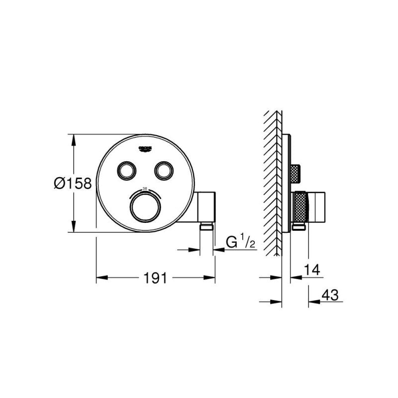 Thermostatique encastré rond GROTHERM SMARTCONTROL GROHE 29120000 2 sorties - chrome